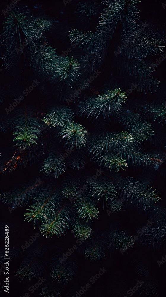 Dark moody christmas fir tree brunch textured for background. Fluffy pine tree brunch close up.