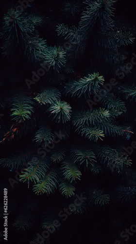 Dark moody christmas fir tree brunch textured for background. Fluffy pine tree brunch close up. © Elena Uve