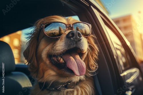 Dog Enjoying A Car Ride With Sunglasses. Summer vacation with dog, road trip. Dog Traveling. Generative AI Technology © Luisa