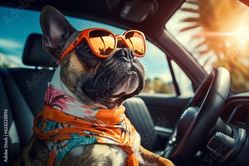 Dog Enjoying A Car Ride With Sunglasses. Summer vacation with dog  road trip. Dog Traveling. Generative AI Technology