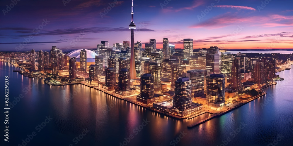 Fototapeta premium Cityscape at Night: A stunning view of a metropolitan skyline illuminated by city lights. Generative ai.