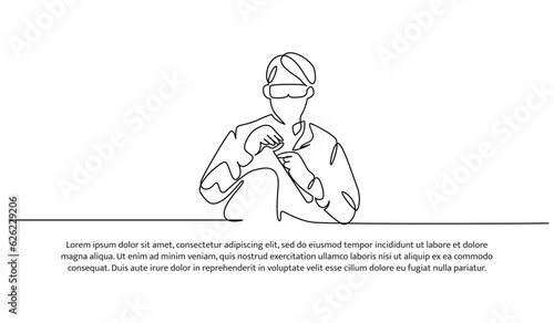 Continuous line design of the man doing lab testing. Decorative elements are drawn on a white background.