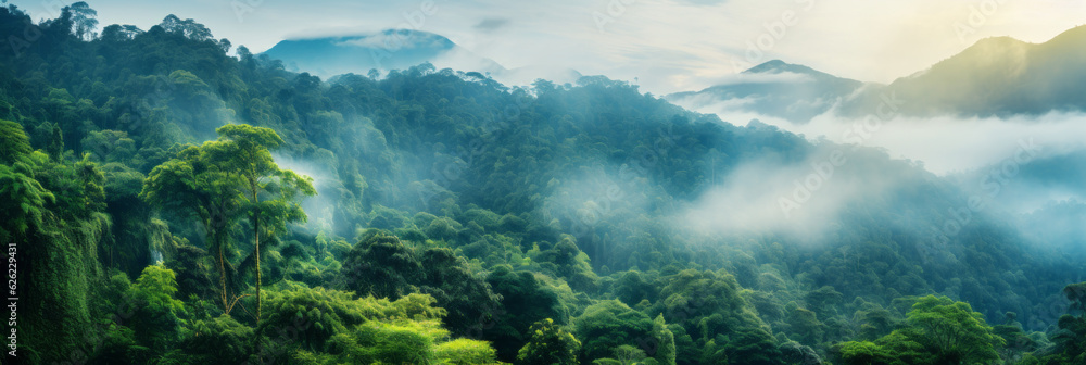 Mystical Jungle: Aerial View of Foggy Tropic Valley Landscape with Cloud-Covered Mountains. Wide misty panorama. Generative AI.