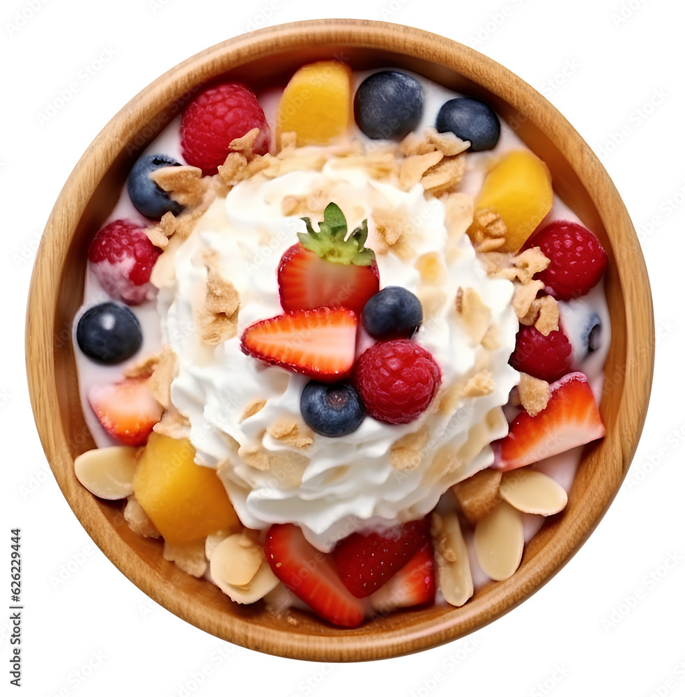greek yogurt with fruits in the wooden bowl greek yogurt with fruits in the wooden bowl