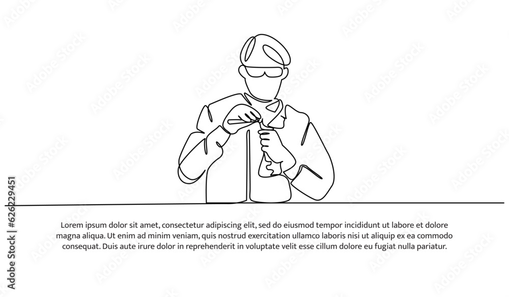 Continuous line design of the man doing lab testing. Decorative elements are drawn on a white background.