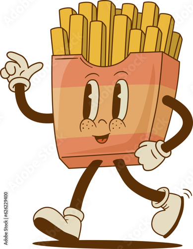 Retro cartoon funny french fries characters. Vintage street food mascot vector illustration. Nostalgia 60s, 70s, 80s