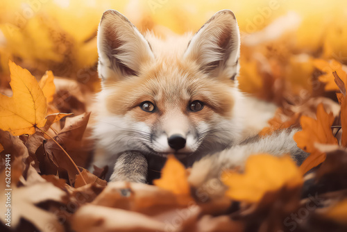 red fox runs through the orange autumn leaves in forest, © terra.incognita