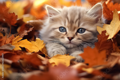 cute cat in the autumn forest in sunlight 