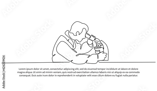 Continuous line design of the man doing lab testing. Decorative elements are drawn on a white background.