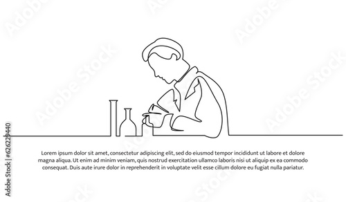 Continuous line design of the man doing lab testing. Decorative elements are drawn on a white background.