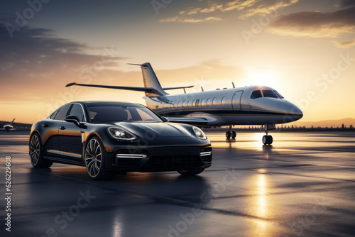 Business Class Experience: Luxury Car and Private Jet on the Runway. Business class shuttle service. Airport transfer. Generative AI. © GustavsMD