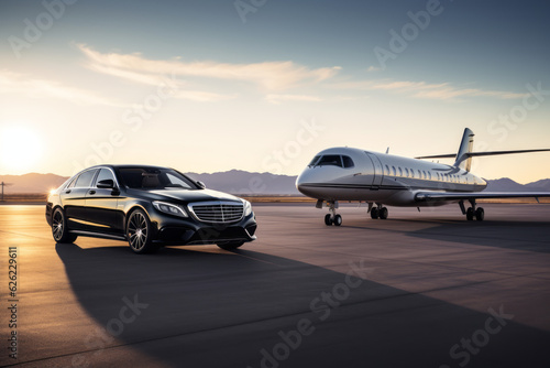 Business Class Experience: Luxury Car and Private Jet on the Runway. Business class shuttle service. Airport transfer. Generative AI.