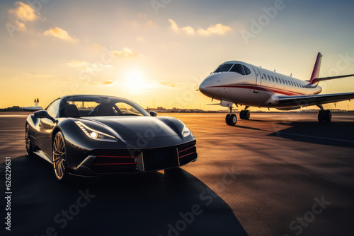 Business Class Experience: Luxury Car and Private Jet on the Runway. Business class shuttle service. Airport transfer. Generative AI.