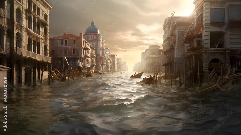A coastal city engulfed by rising sea levels, with submerged buildings
