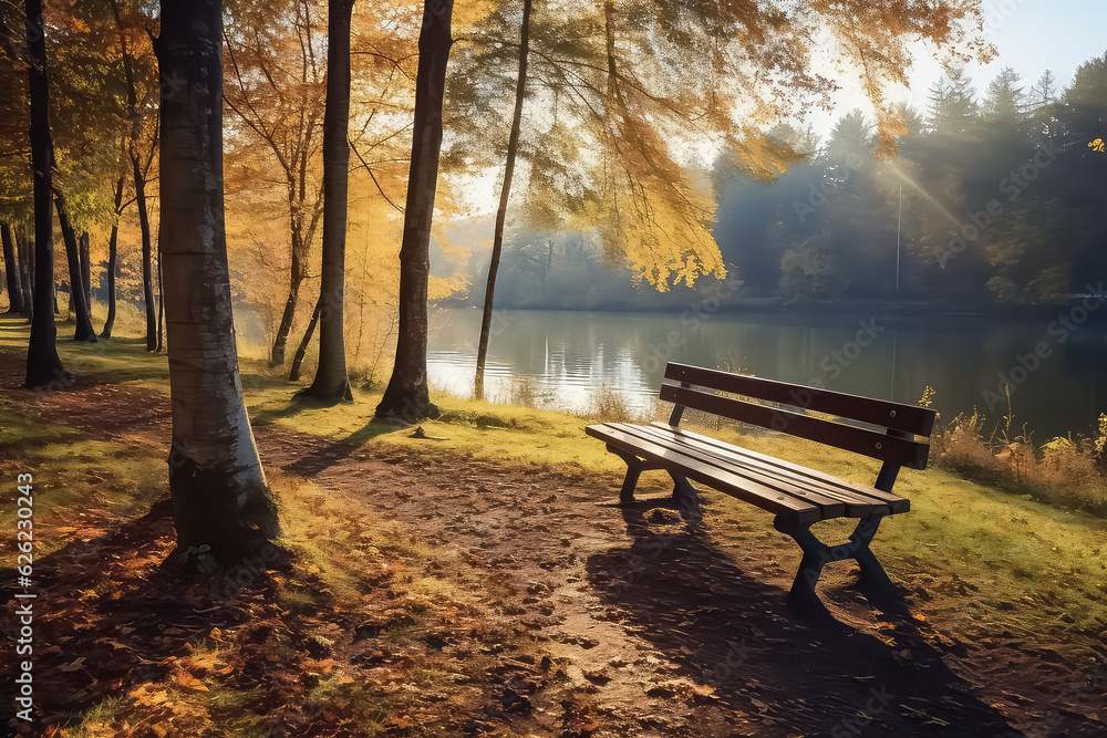 bench in autumn forest with sunlight,