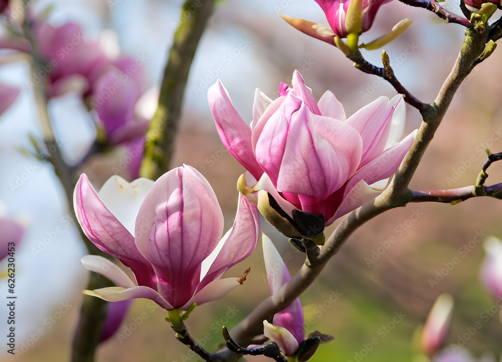 Pink spring magnolia flowers branch- ai generative Pink spring magnolia flowers branch- ai generative