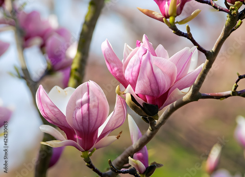 Pink spring magnolia flowers branch- ai generative