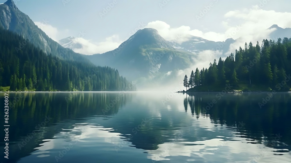 a lake with trees and mountains in the background