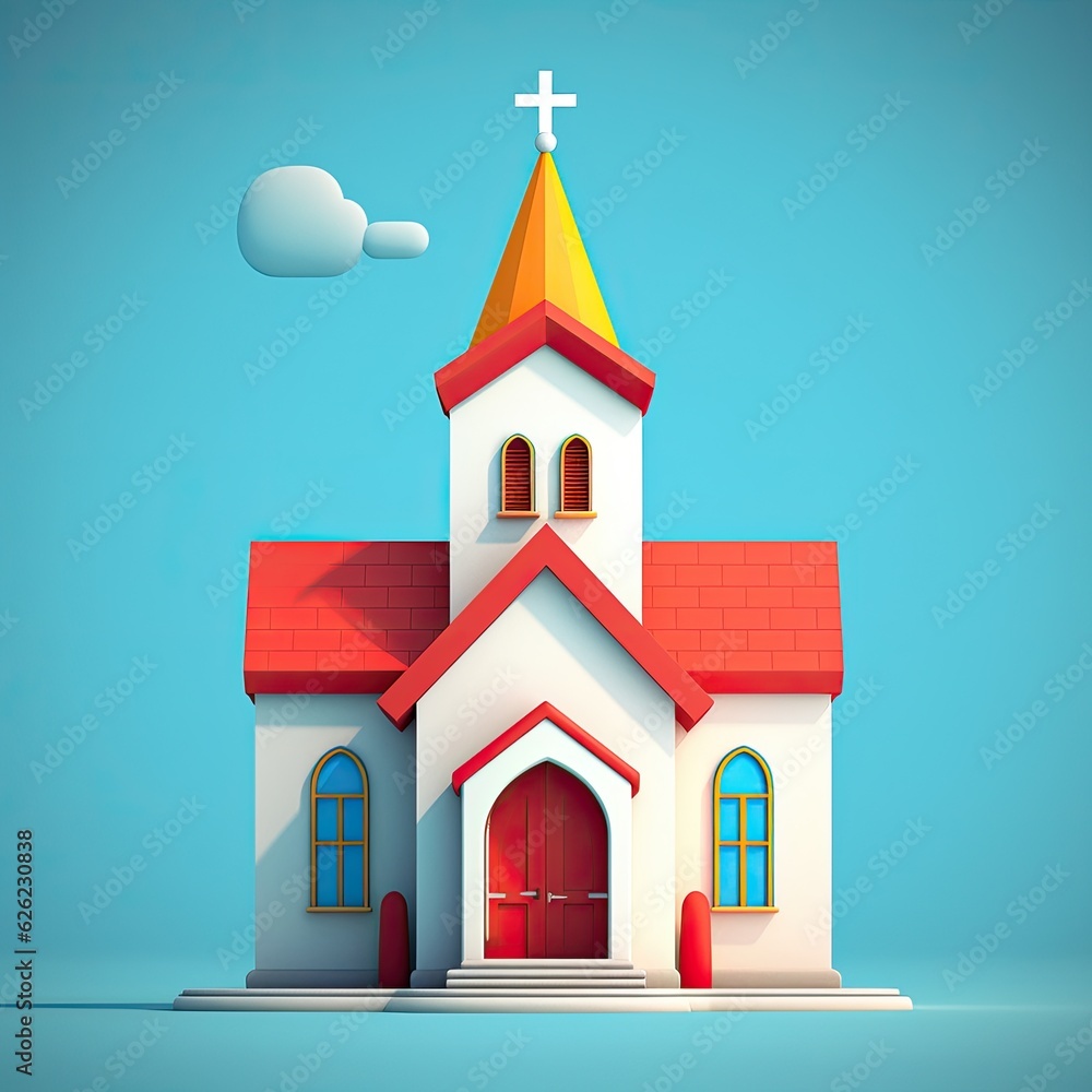 Church 3d catroon style. Flat colors. Detailed building concept. AI generated.