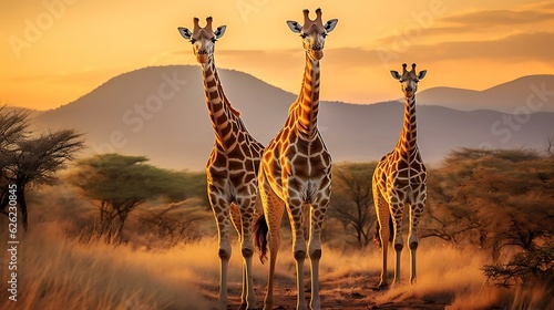 a group of giraffes in a field photo