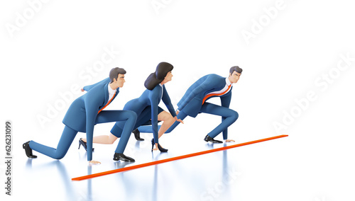 Business people stay in starting position, people ready for the race. Competition, professional tests, personal achievements concept 3D rendering illustration