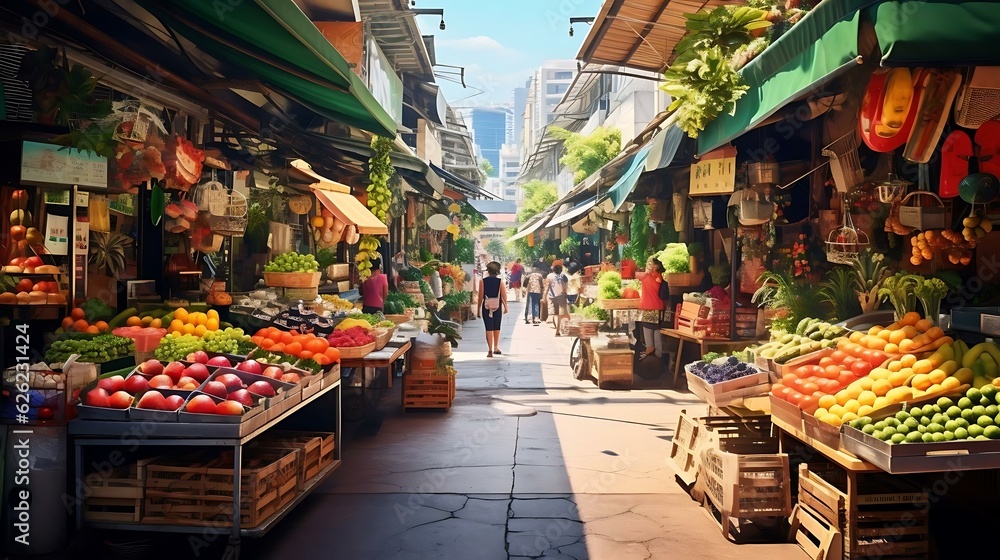 a street with people and fruits