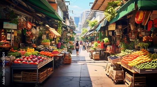 a street with people and fruits