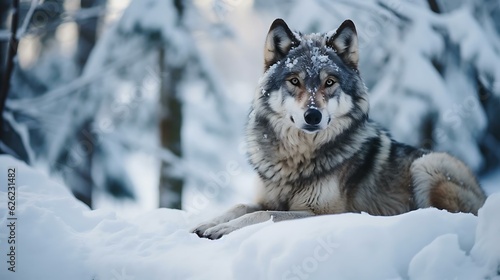 a wolf sitting in the snow