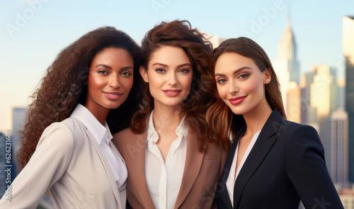 Closeup of 3 multi-ethnic businesswomen looking confident with a cityscape background. Generative Ai.