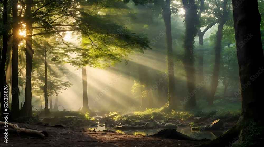 a forest with trees and sunlight