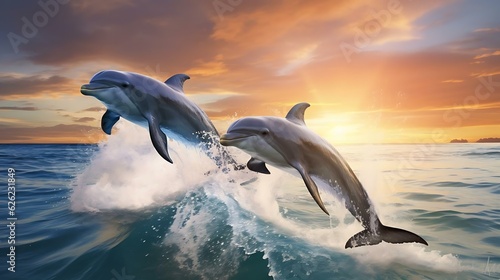 a group of dolphins jumping out of the water