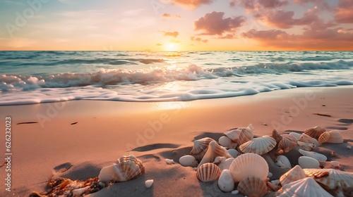 a beach with shells and a sunset