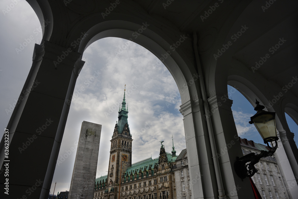 Hamburger Rathaus City Hall of Hamburg and Barlach Stele Memorial to the Fallen Soldiers of both World Wars