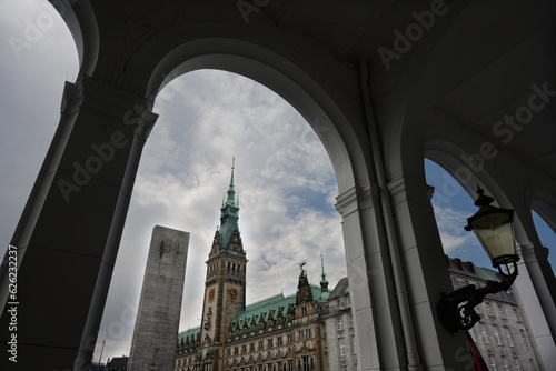 Hamburger Rathaus City Hall of Hamburg and Barlach Stele Memorial to the Fallen Soldiers of both World Wars
