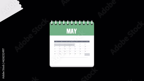 Calendar counting months by flipping pages in an endless loop with an alpha channel. Motion graphics.