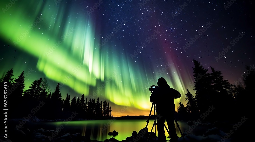 a person with a camera in front of a lake with a bright light in the sky above