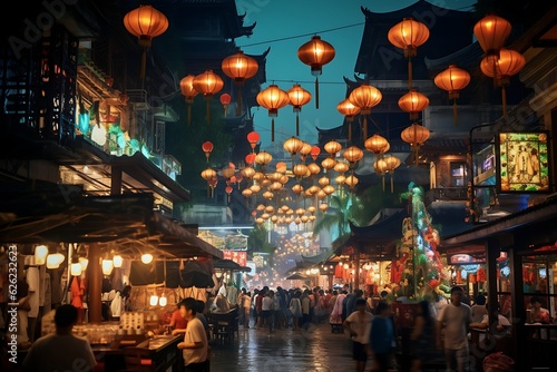 A captivating shot of a bustling night market illuminated by vibrant lanterns, a feast for the senses with an air of mystery.