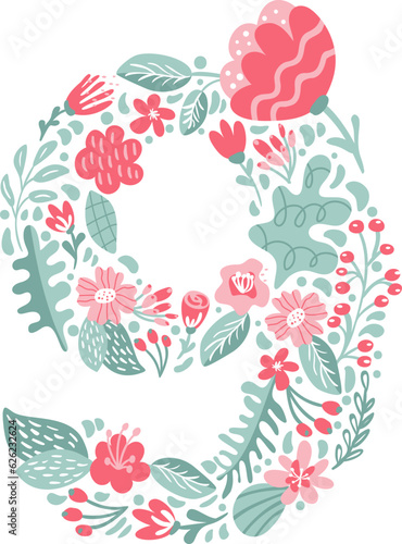 Vector Hand Drawn Font Number 9 nine with Flowers and Branches Blossom Spring. Floral alphabet Typography Summer letter monogram or Logo Design wedding abc