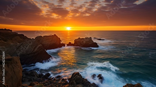 a rocky beach with a sunset