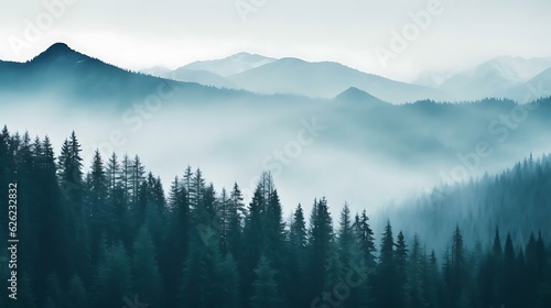 a forest of trees with mountains in the background