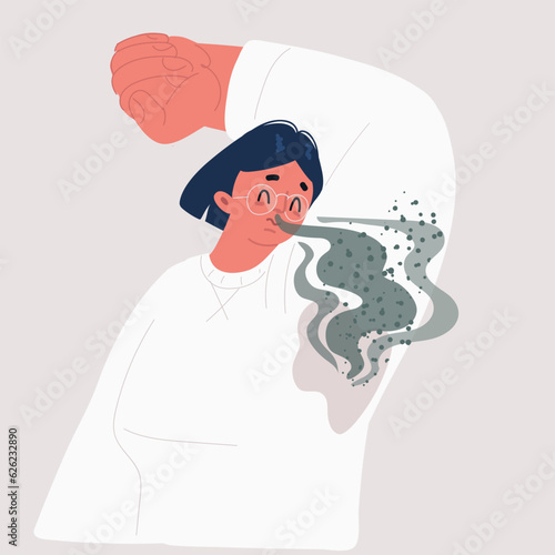 Vector illustration of Woman sweating very badly under armpit. Concerned woman by Bad smelling