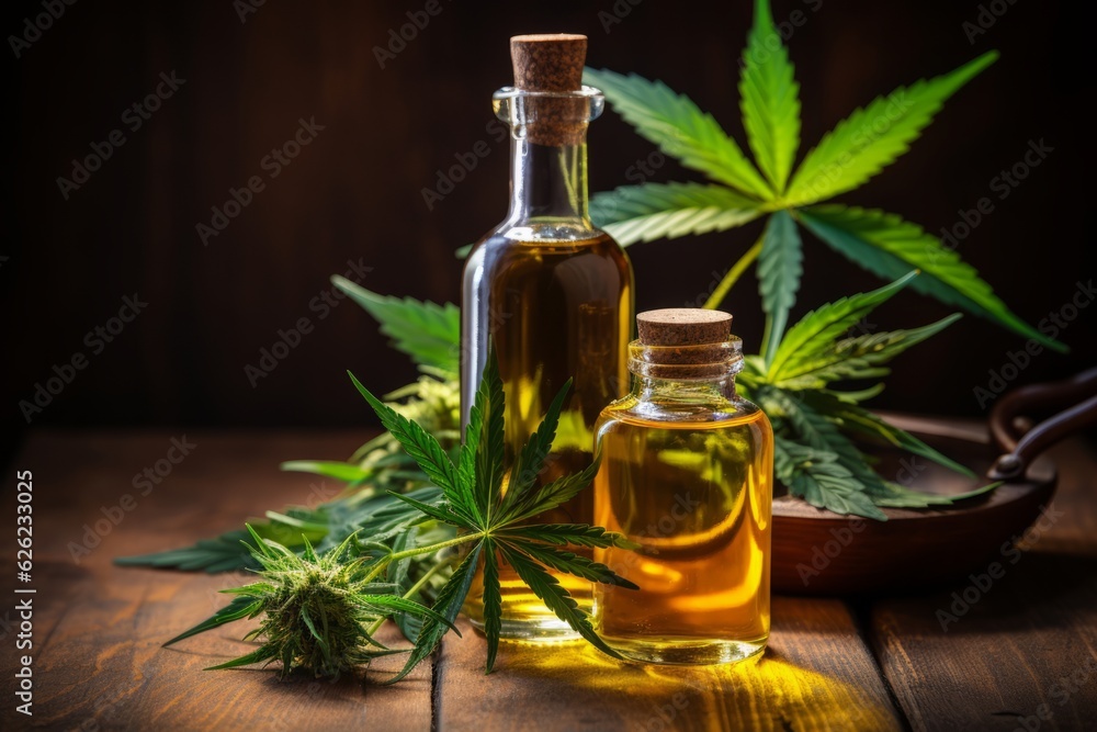 Bottle of cannabis oil next to a marijuana leaf Bottle of cannabis oil next to a marijuana leaf