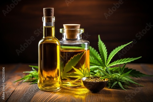Bottle of cannabis oil next to a marijuana leaf