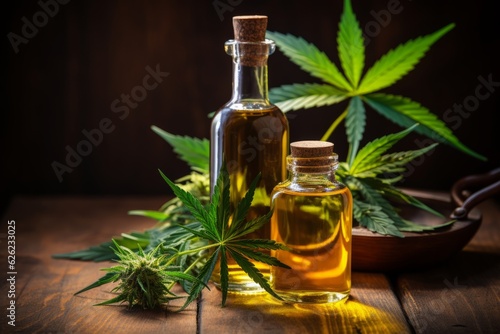 Bottle of cannabis oil next to a marijuana leaf