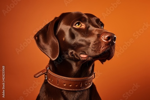 Portrait of a brown dog on orange background © Luisa