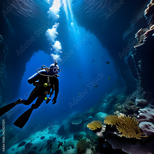 scuba diver and coral © Gayashan