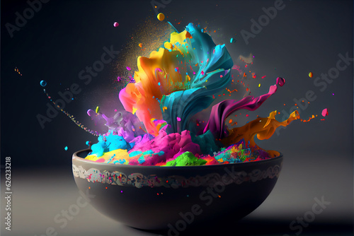 illustration of bowl with holi dust splashing on black background