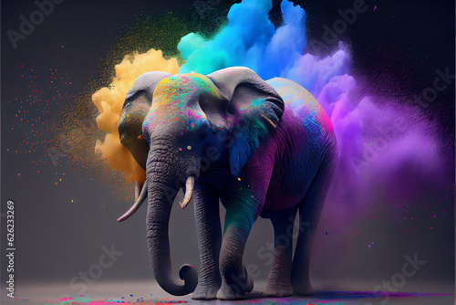illustration of elephant in holi dust powder on black background © terra.incognita