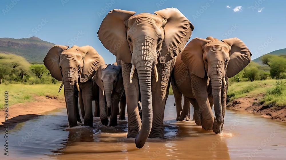 Fototapeta premium a group of elephants walking in a river