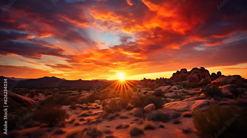 a sunset over a desert